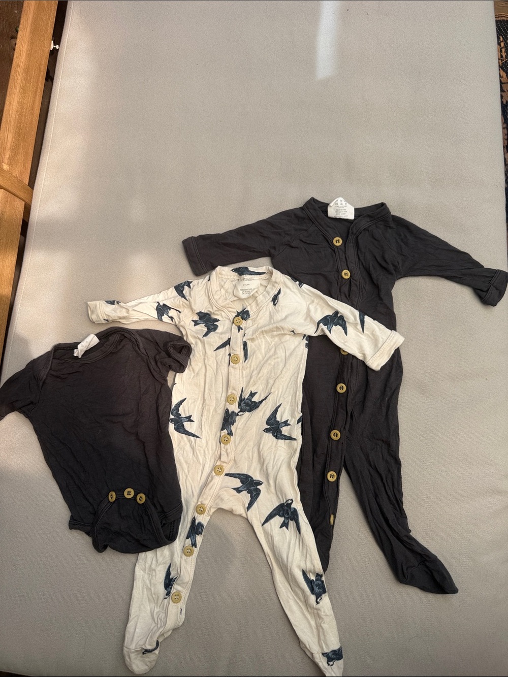 kate quinn Black and Cream Baby Footie Set with Swallow Print